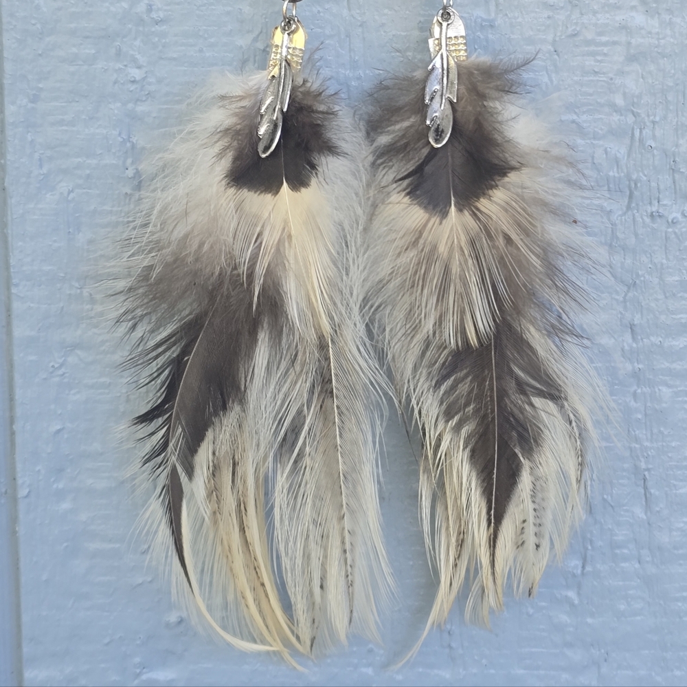 New! Hand Crafted Turquoise Color Blue Feather Dangle Earrings Native Boho - Picture 5 of 6